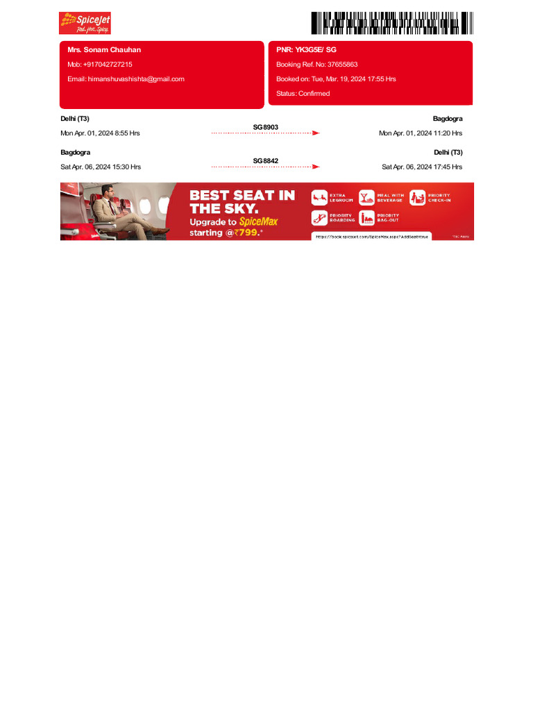 SpiceJet_E-Ticket_PNR_YK3G5E 01 Apr 2024 Delhi-Bagdogra for MR. CHAUHAN ...