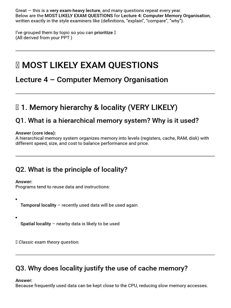 Exam Questions on Computer Memory Organization | PDF | Cpu Cache ...