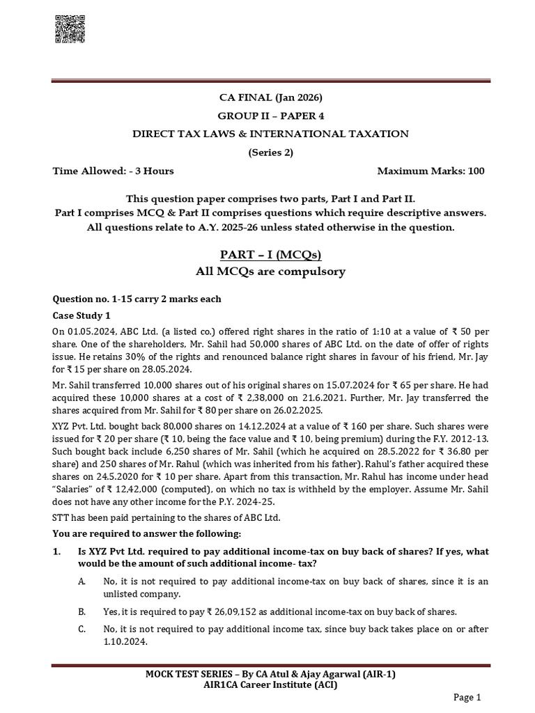CA Final Direct Tax Laws Mock Test | PDF | Income Tax | Expense