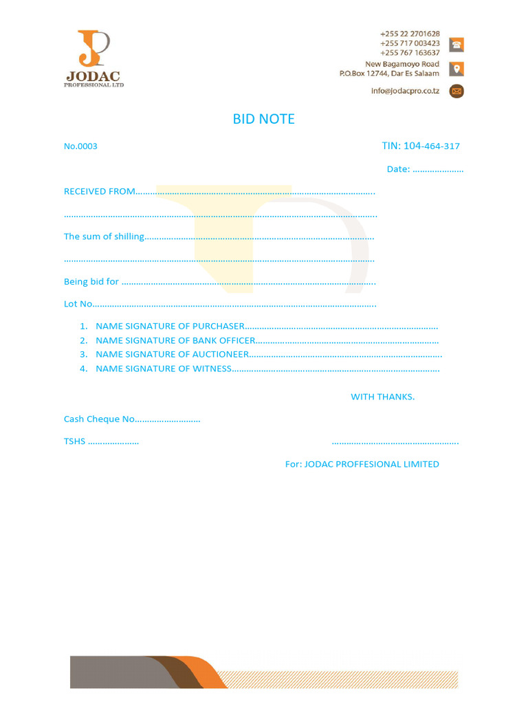 Bid Note for Auction Submission | PDF