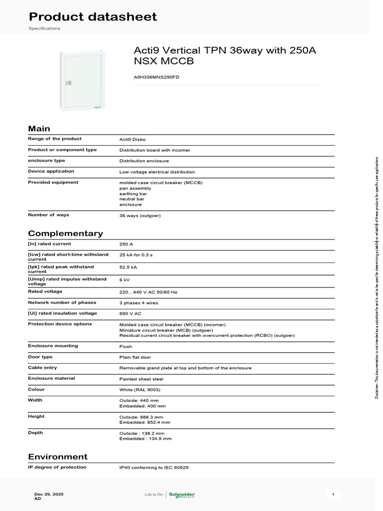 PES Schneider Electric Acti9-Disbo A9H336MNS250FD | PDF | Alternating ...