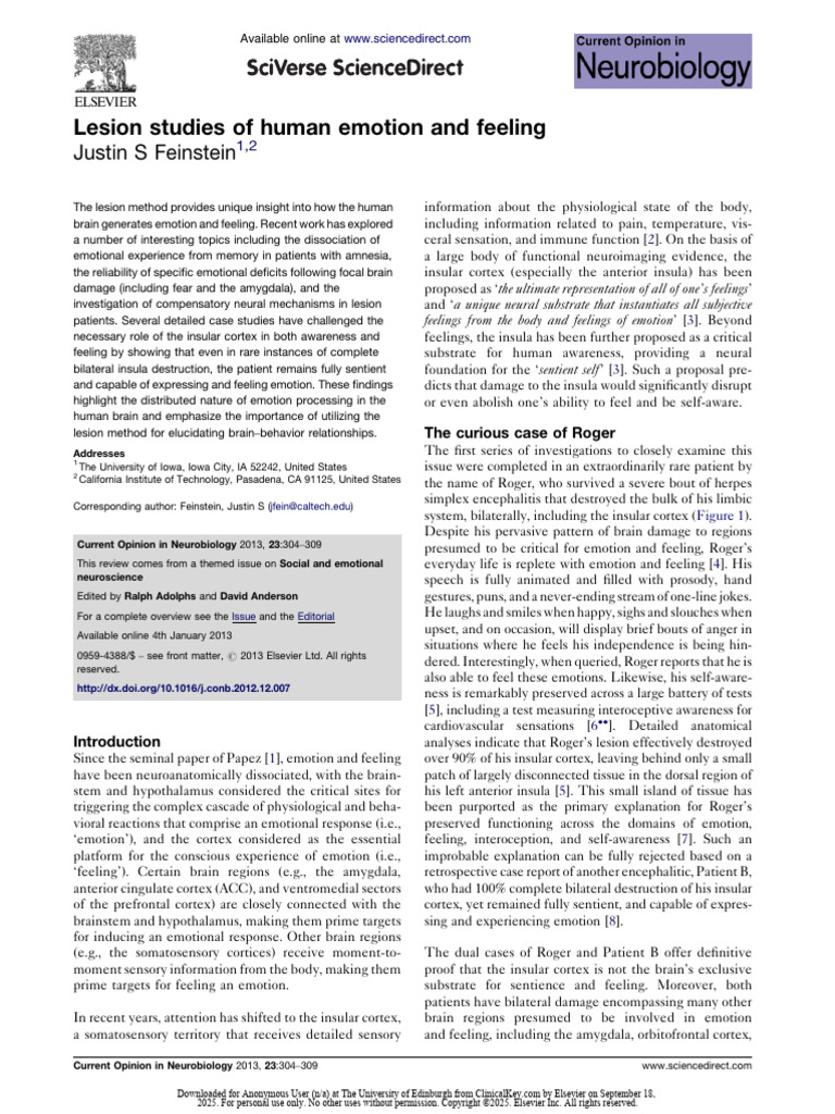 Lesion Studies on Emotion Processing | PDF | Insular Cortex | Amygdala