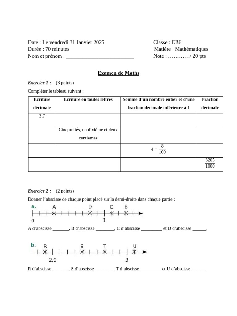 Examen de Mathématiques EB6 - Janv 2025 | PDF | Théorie des nombres ...