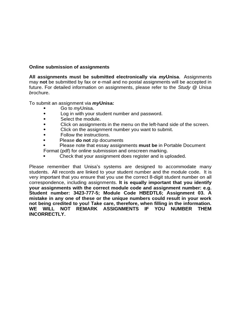 Submit Assignments via myUnisa Online | PDF