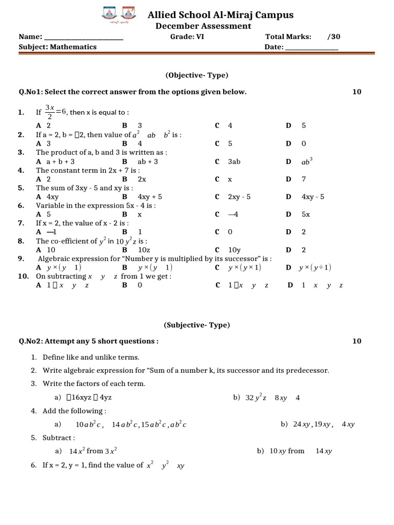 Grade VI Dec Assessment | PDF | Elementary Mathematics | Algebra