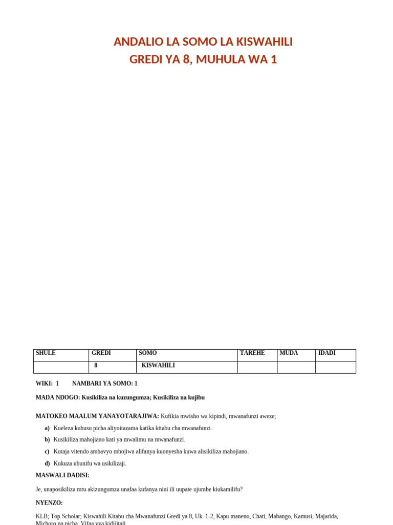 Term 1 Grade 8 Kiswahili Lesson Plan | PDF