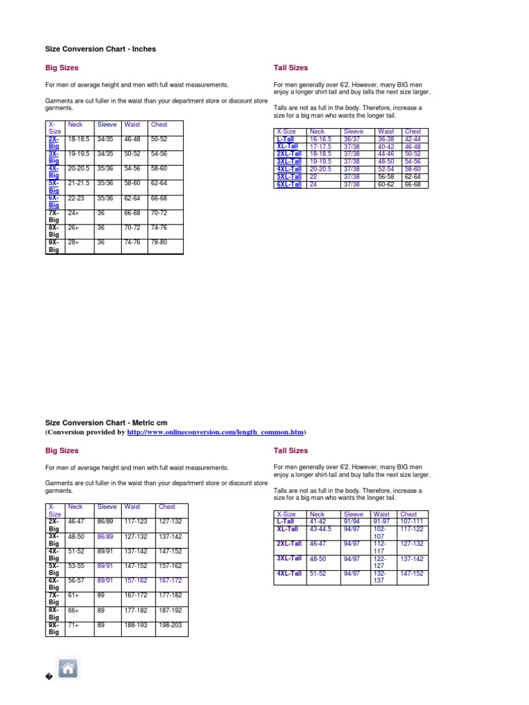 Big and Tall Size Conversion Chart | PDF | Wellness | Lifestyle