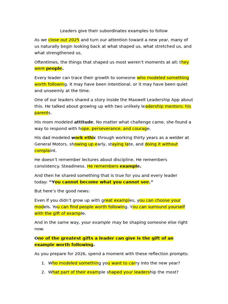 Leadership Through Example and Reflection | PDF