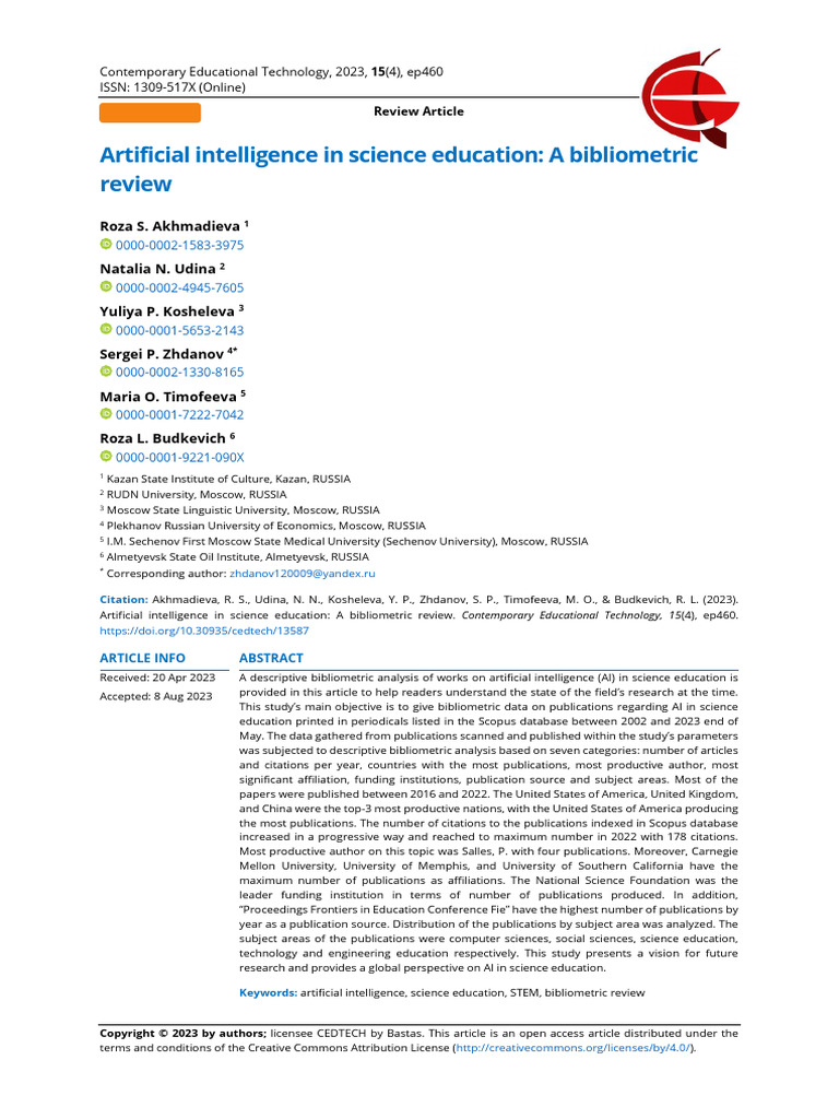 Artificial Intelligence in Science Education a Bibliometric Review ...