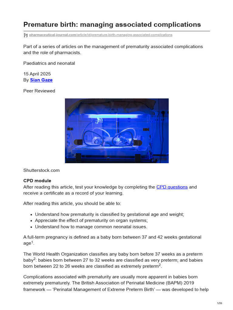 Complications of Premature Birth Management | PDF | Preterm Birth ...