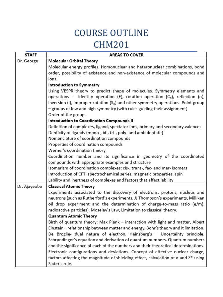 CHM201 Course Outline: Key Topics | PDF | Chemical Bond | Ionic Bonding