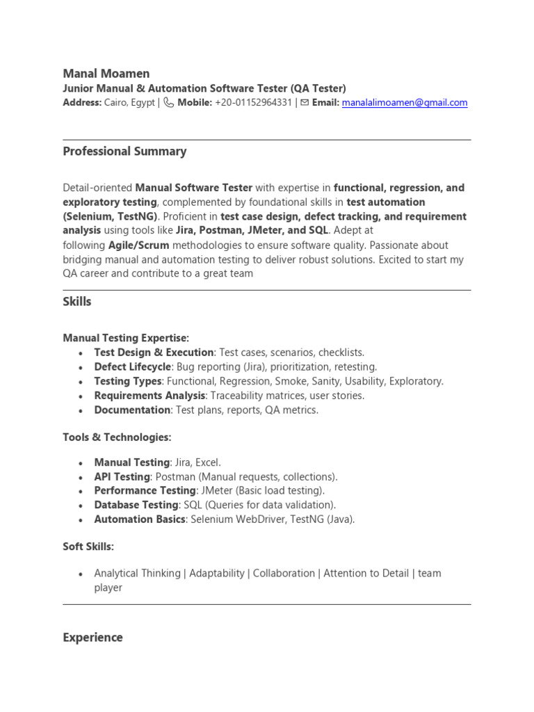 Manal Moamen Resume (2) | PDF | Software Testing | Selenium (Software)
