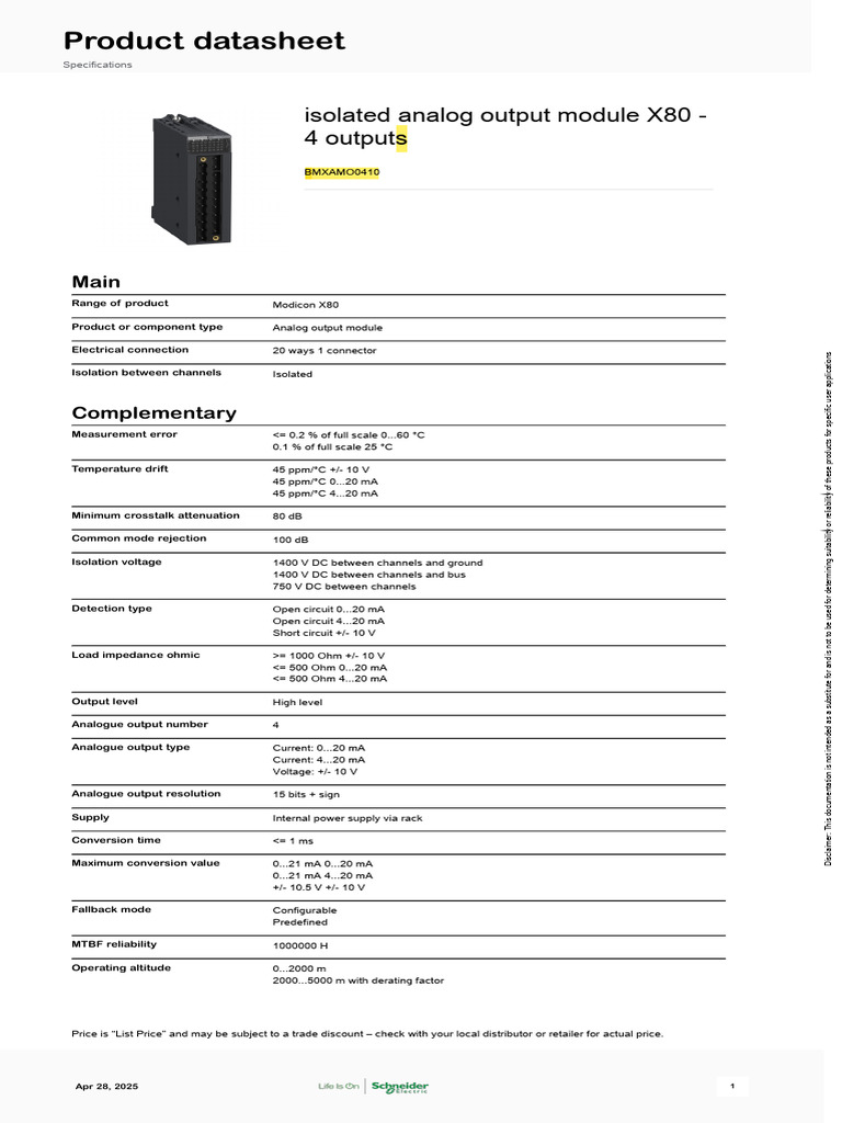 Modicon X80 Isolated Analog Output Module | PDF | Programmable Logic ...