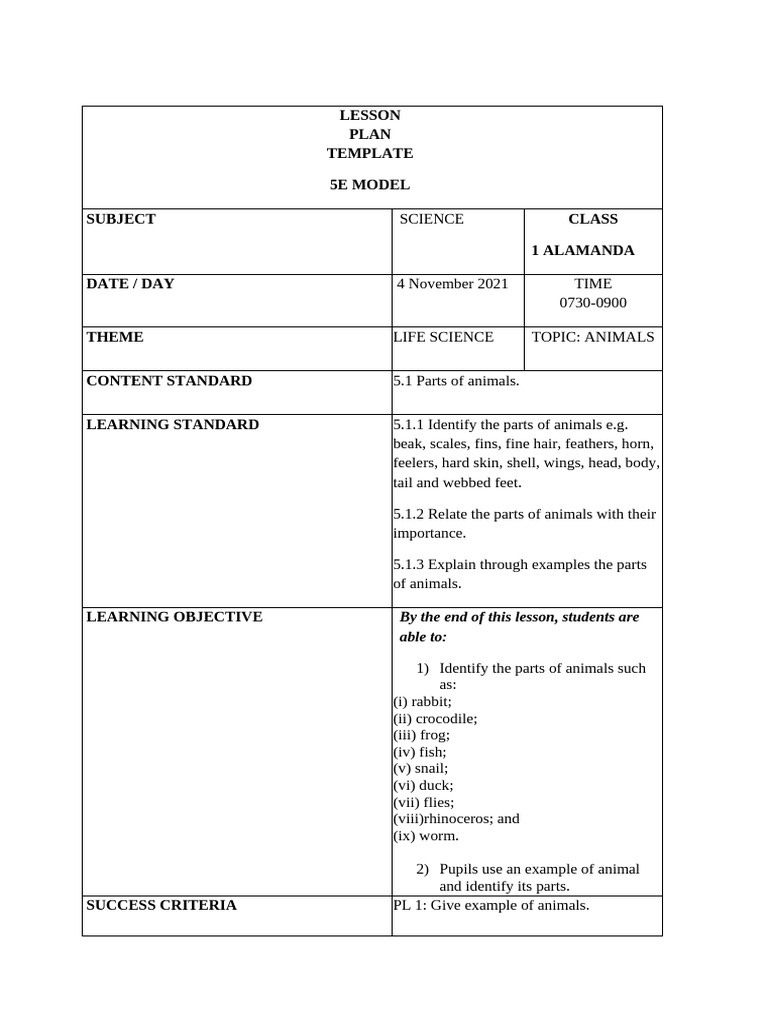 5E Lesson Plan: Animal Parts in Science | PDF | Science | Learning