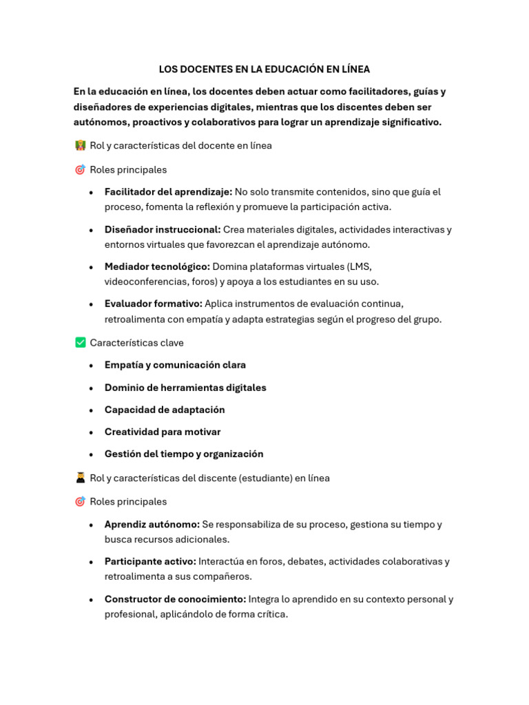 Roles del Docente en Educación en Línea | PDF | Enseñando | Aprendizaje