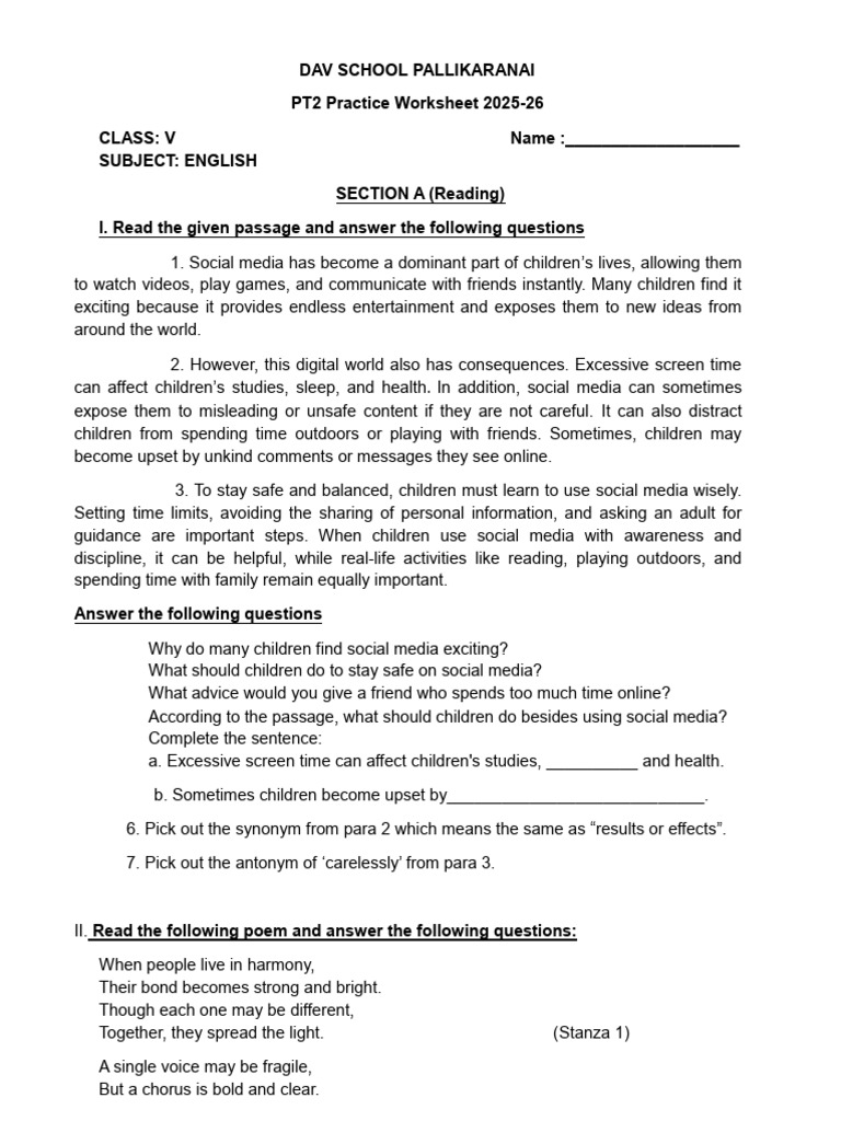DAV School Class V English Practice Worksheet | PDF | Syntax | Language ...
