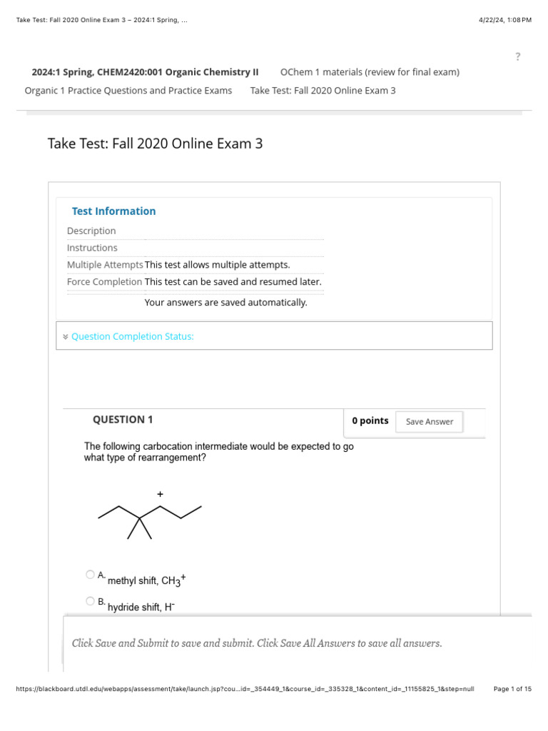 Take Test: Fall 2020 Online Exam 3 – 2024:1 Spring, ... | PDF ...