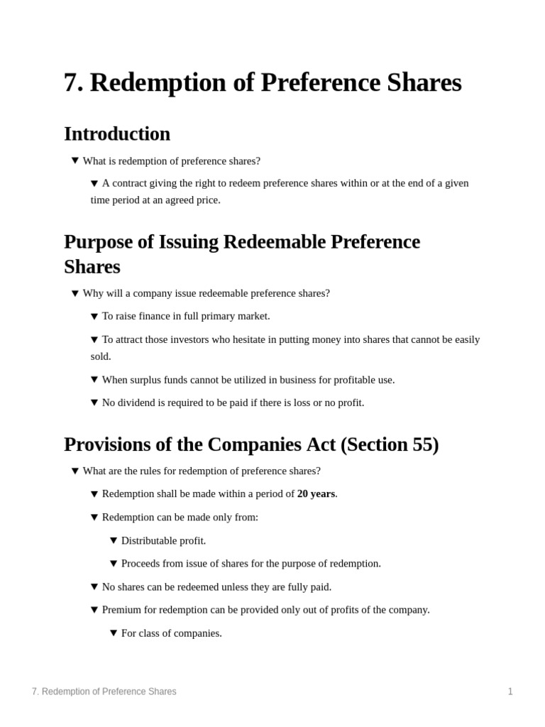 Redemption of Preference Shares Explained | PDF | Dividend | Preferred ...