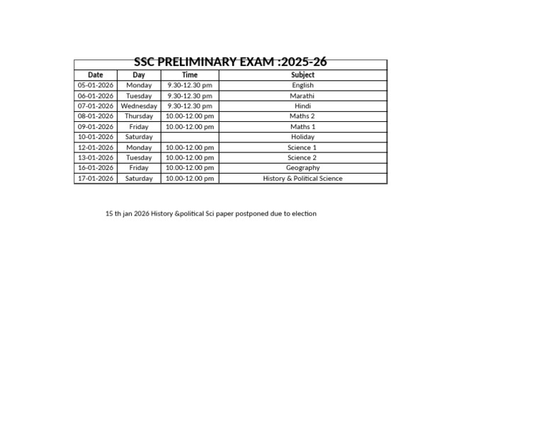 SSC Preliminary Exam Schedule 2025-26 | PDF