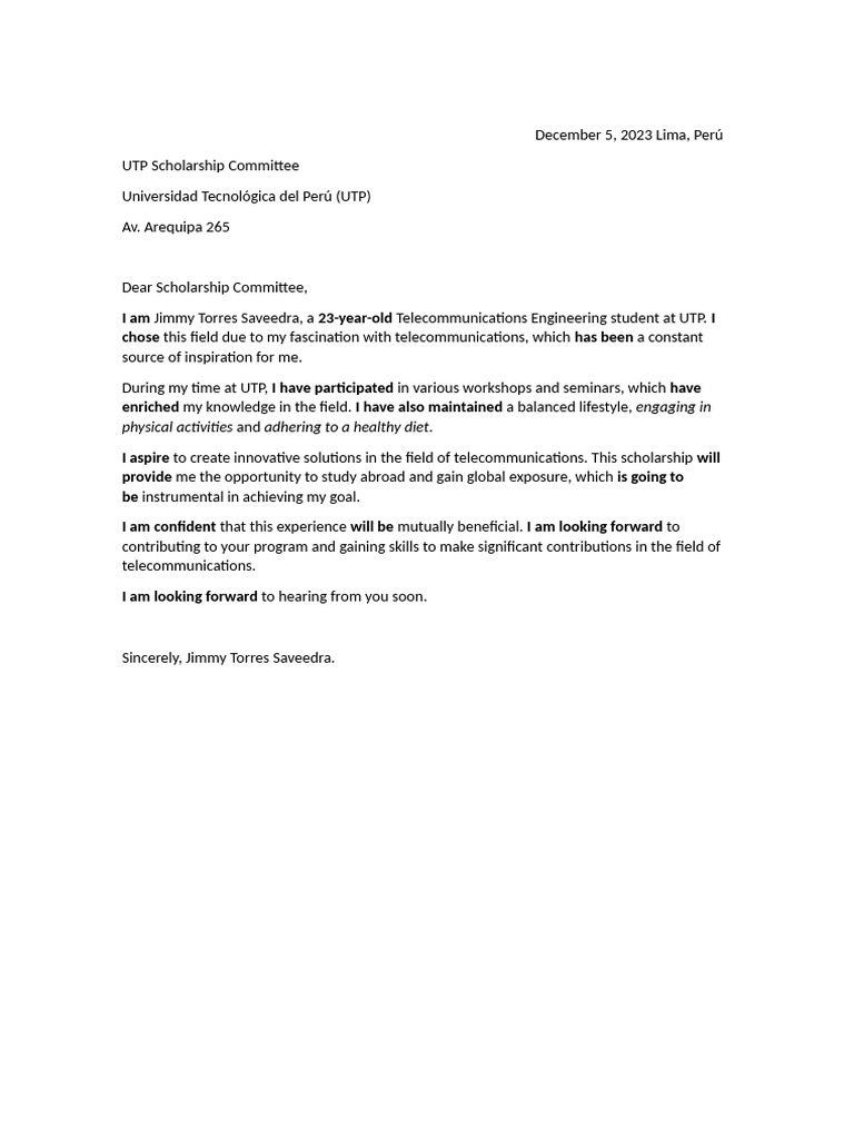 UTP Scholarship Application by Jimmy Torres | PDF
