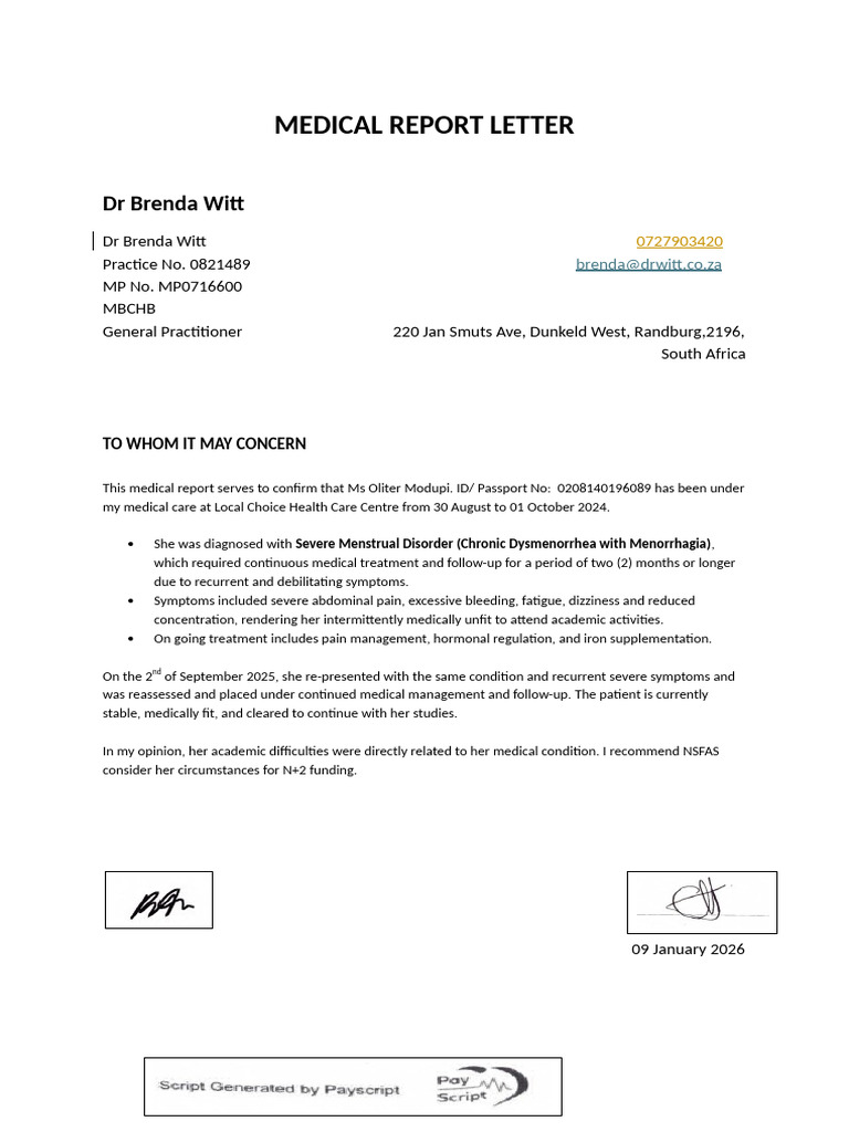 Medical Report for Ms. Oliter Modupi | PDF
