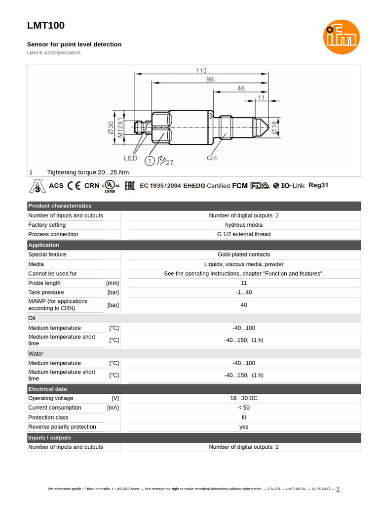 LMT100 Point Level Detection Sensor | PDF | Electronics | Manufactured ...