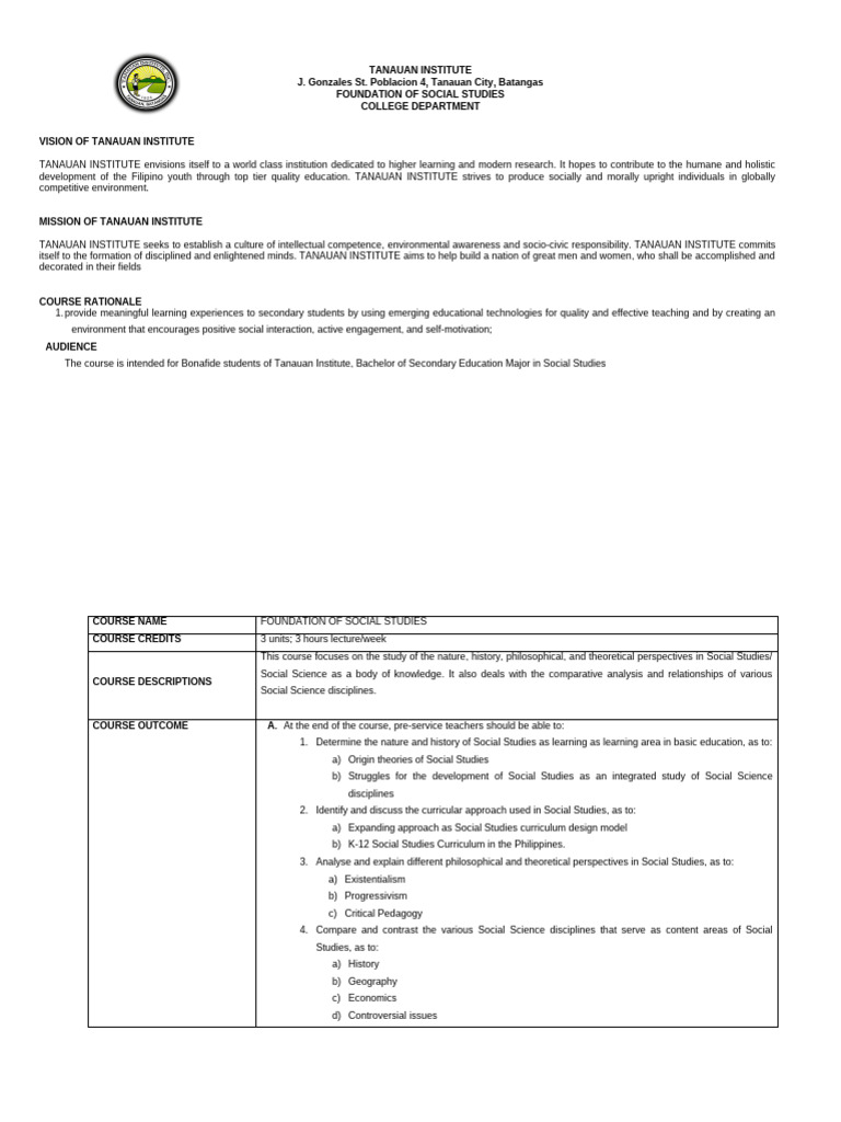 Foundation For Social Studies - Course Syllabus Obe Format | PDF ...