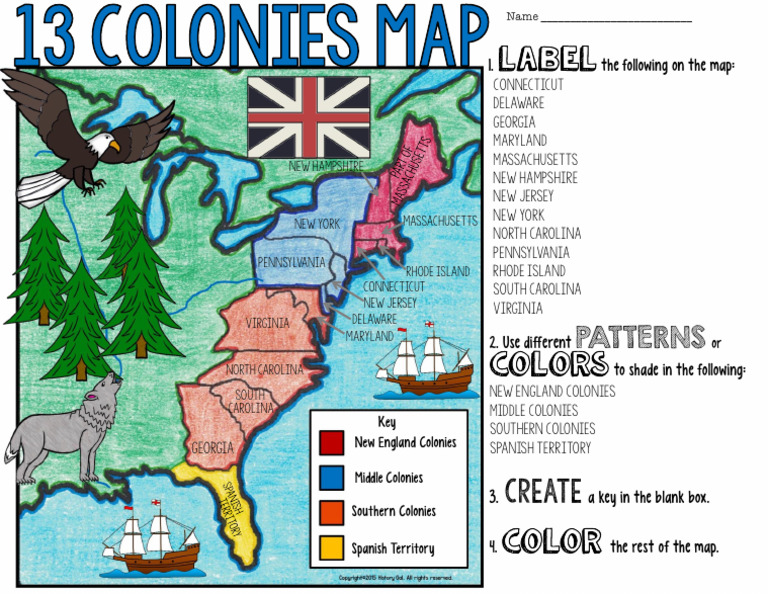 13 Colonies Map Coloring Activity | PDF