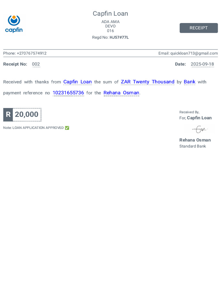 Capfin Loan Approval Receipt - R20,000 | PDF