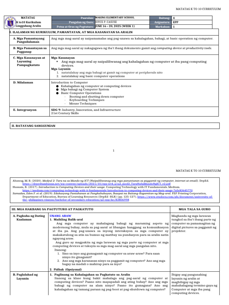 DLL Matatag - Epp 4 q1 w1 | PDF