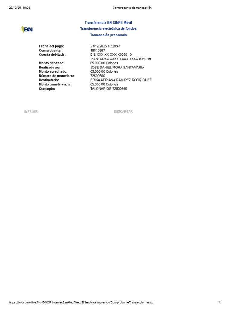 Comprobante Transferencia BN SINPE Móvil | PDF