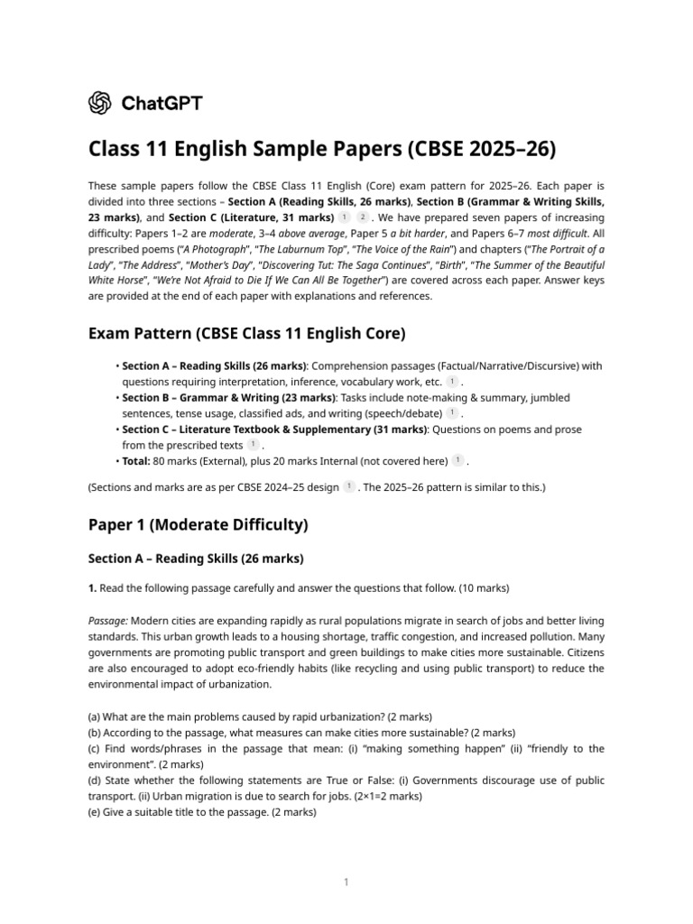 CBSE Class 11 English Sample Papers 2025 | PDF | Healthy Diet ...