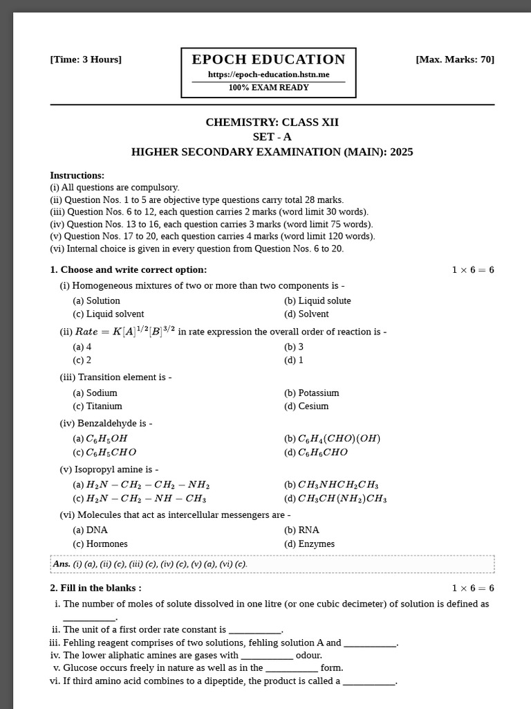Class XII Chemistry Exam Paper 2025 | PDF | Chemical Reactions ...