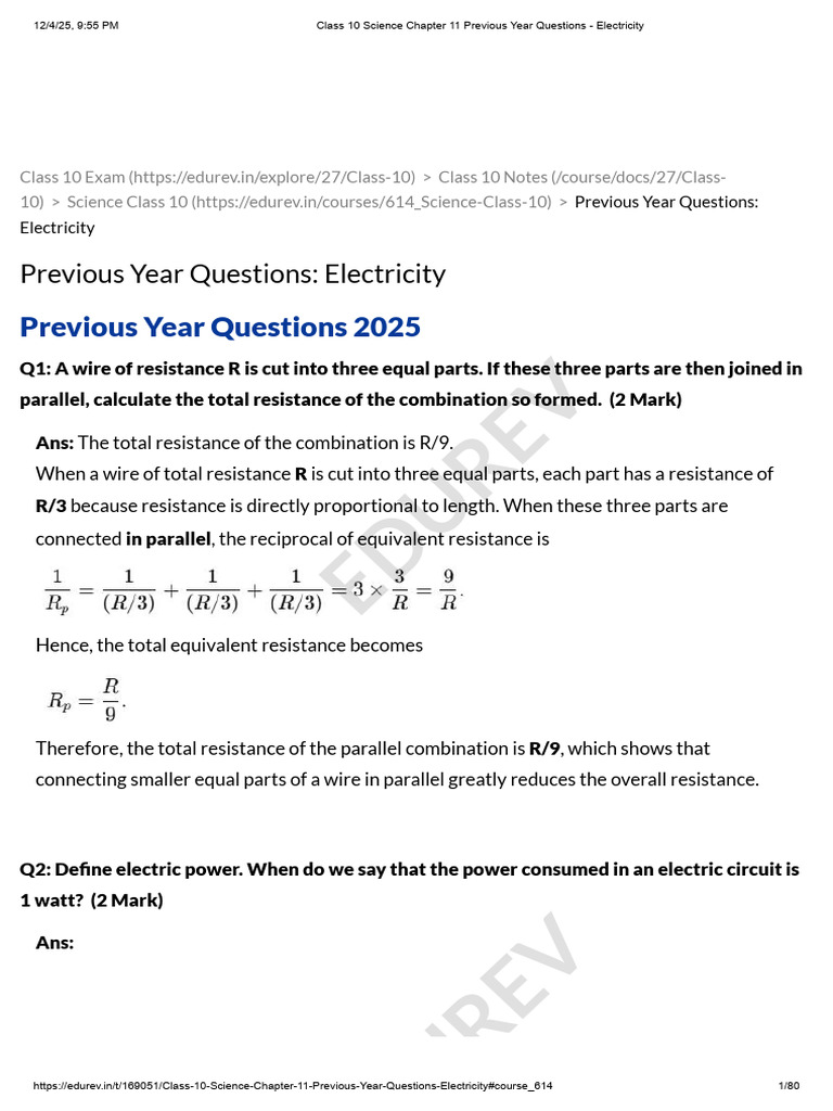 Class 10 Electricity Exam Questions | PDF | Series And Parallel ...