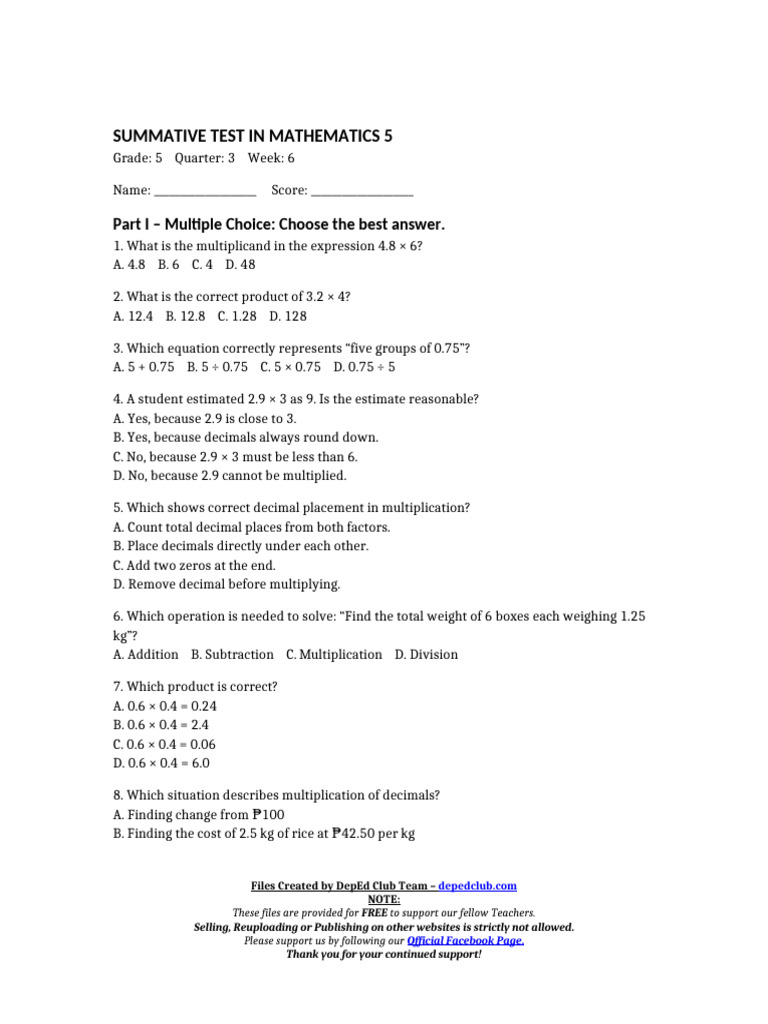 Math 5 Summative Test on Decimals | PDF | Multiplication | Numbers
