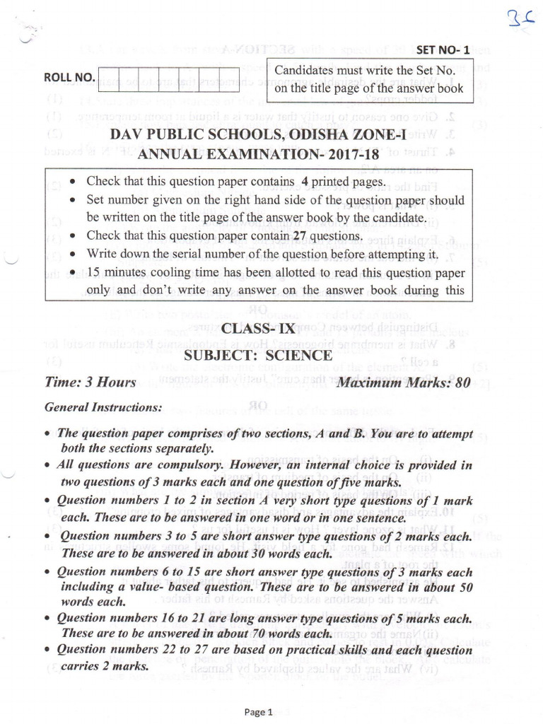 Science QP Class 9, DAV | PDF