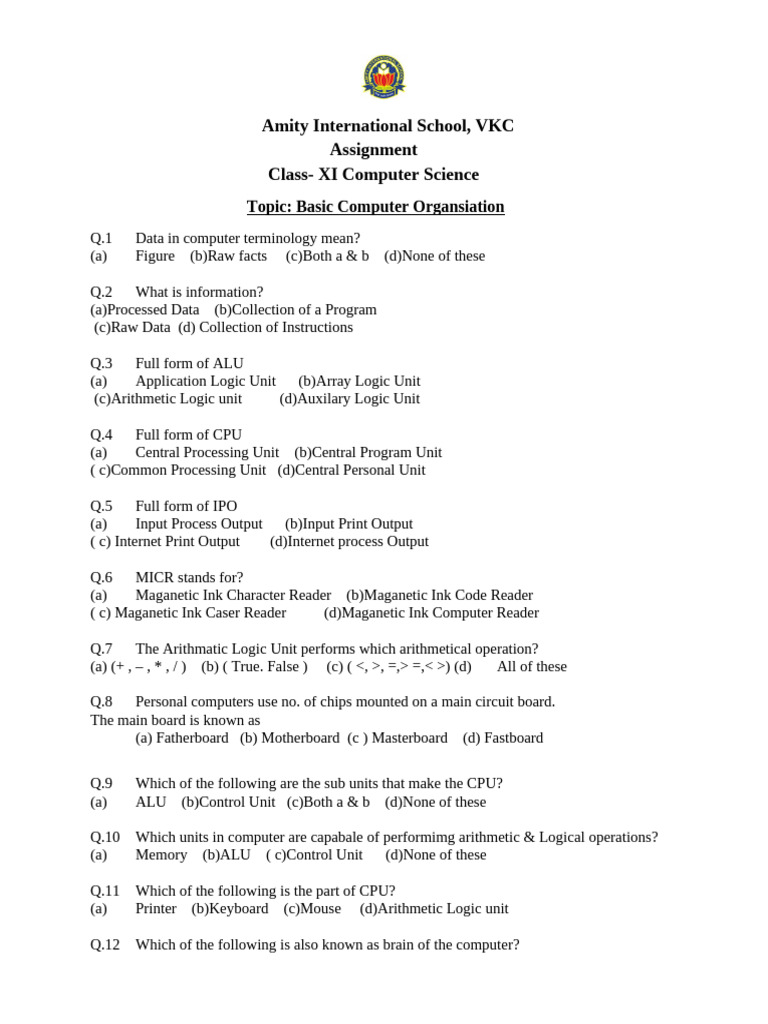 Class XI Computer Science Assignment | PDF | Random Access Memory ...