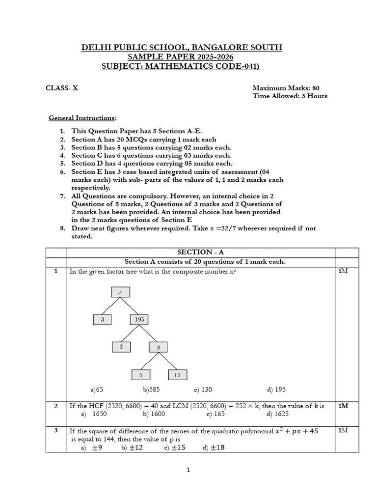 DPS Bangalore South Class X Math Sample 2025-26 | PDF | Circle | Angle
