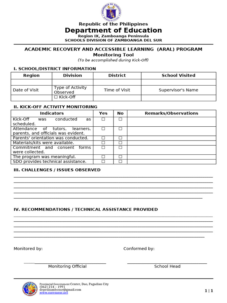 ARAL Program Kick-Off Monitoring Tool | PDF | Learning | Behavior ...