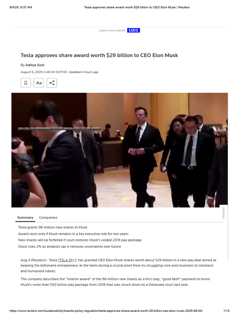 Tesla Grants $29B Share Award to Musk | PDF | Elon Musk | Business