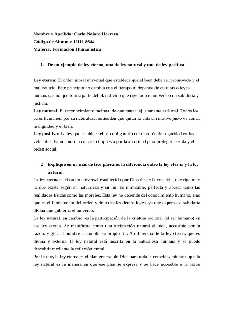 Trabajo Práctico Formación Humanística 2 | PDF | La Ley natural | Moralidad