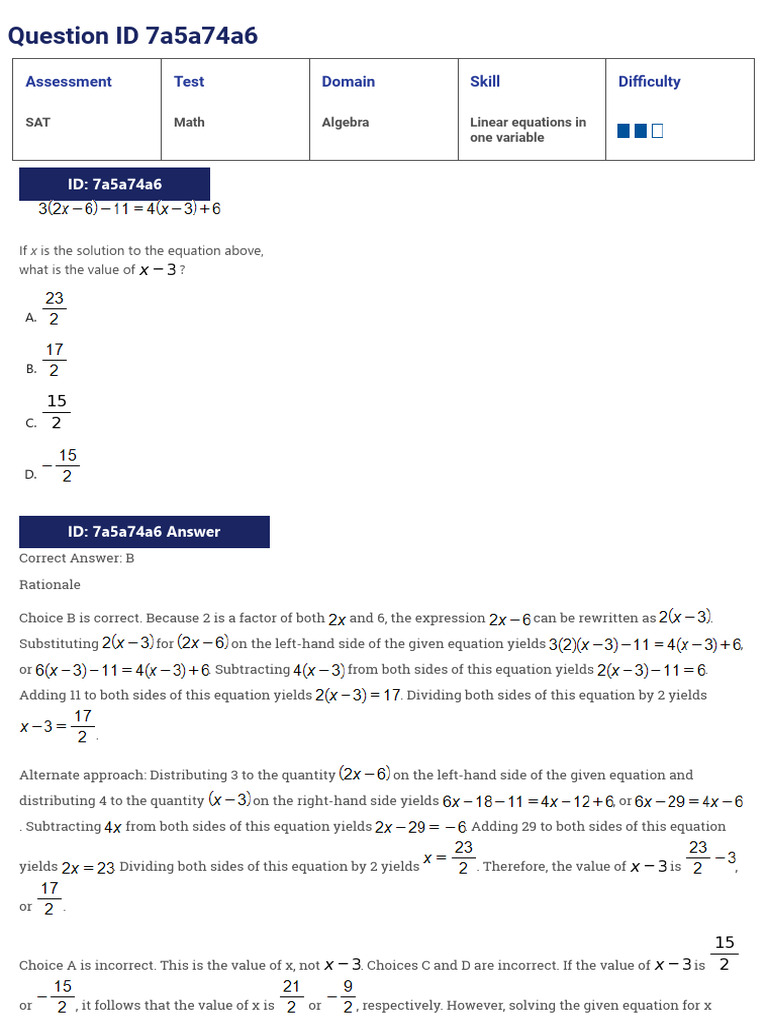 SAT Math: Solving Linear Equations | PDF | Equations | Algebra