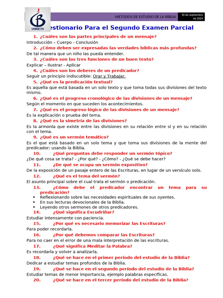 Cuestionario Segundo Examen Parcial | PDF | Biblia | Sermón
