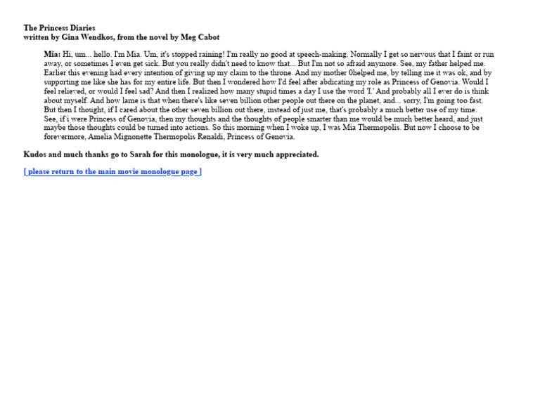 Mia's Princess Monologue from Diaries | PDF
