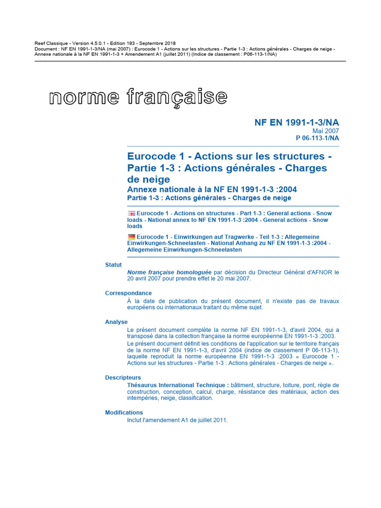 Eurocode 1 Charges de neige en France PDF — free download