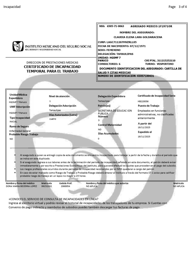 Certificado de Incapacidad Temporal | PDF