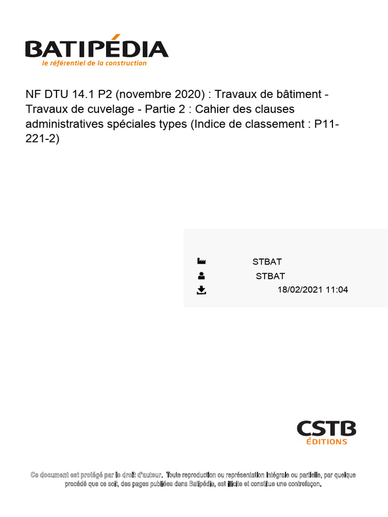 Cahier des clauses cuvelage NF DTU 14.1 P2 | PDF | Code de la ...