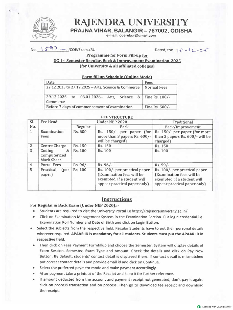 Ug 1st Semester Regular, Back & Improvement Examination-2025 - 1 | PDF