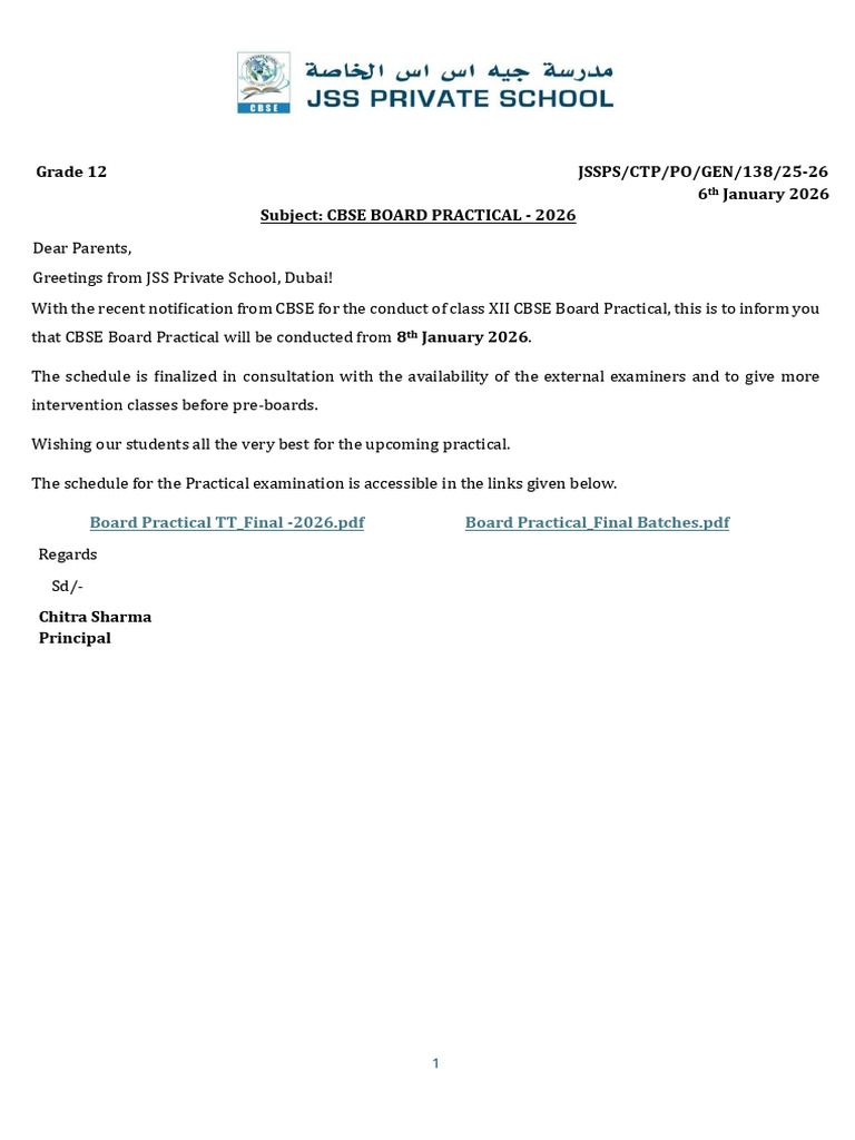 CBSE Class XII Practical Exam Schedule 2026 | PDF