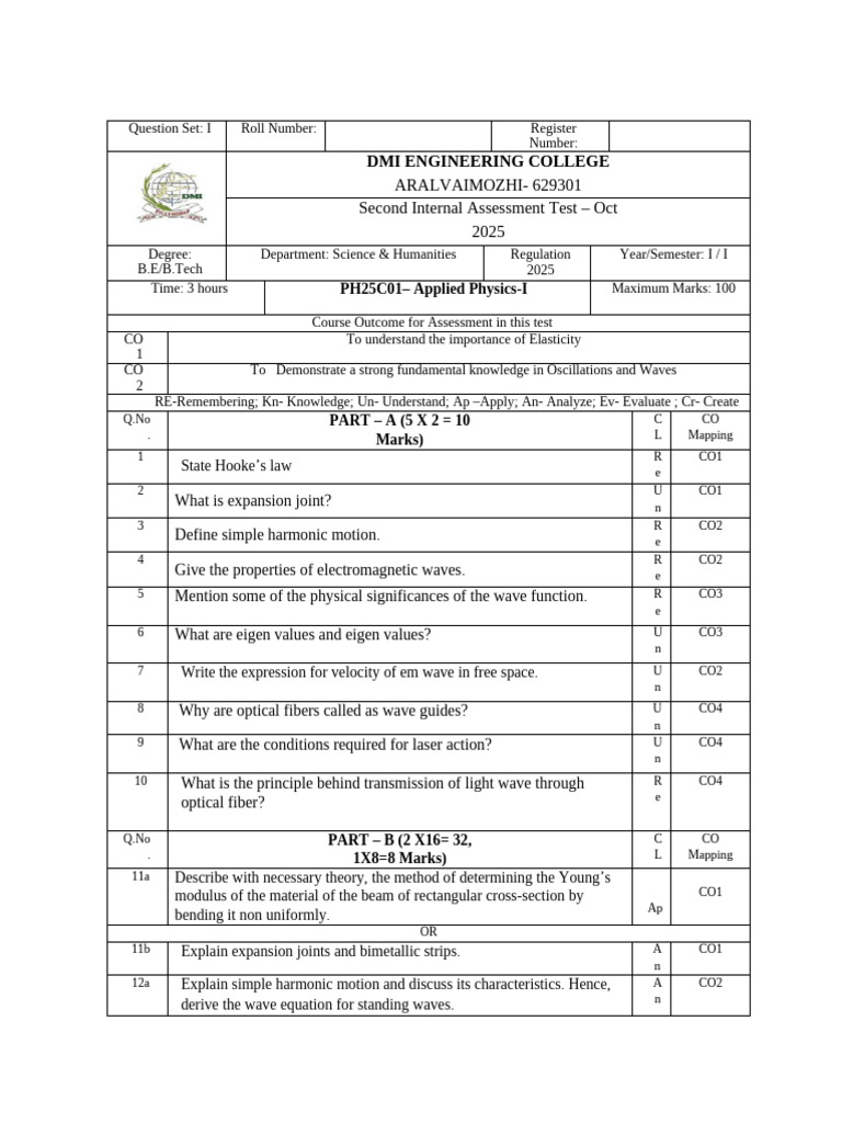 Applied Physics-I Assessment Questions | PDF | Waves | Bending
